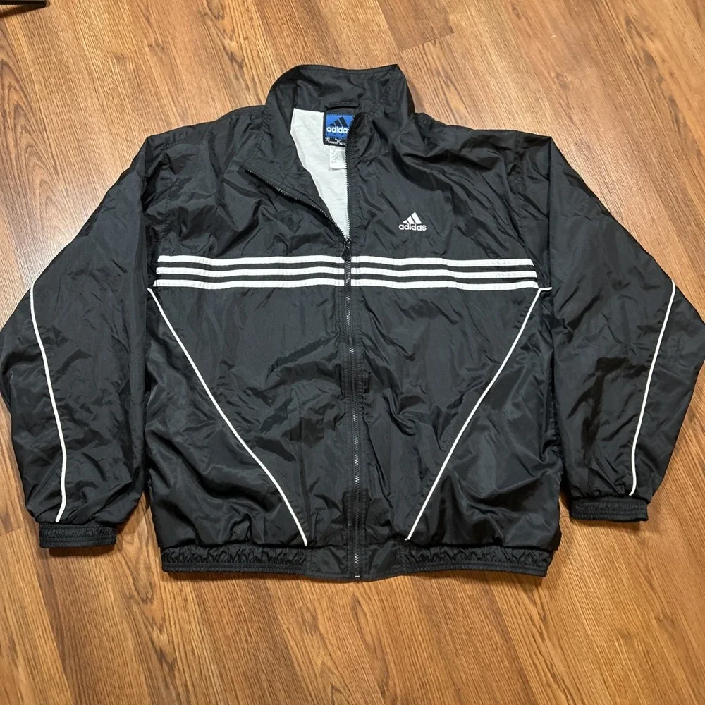 VTG 90s Adidas Windbreaker Jacket Black Full Zip 3 Stripe Chest Piping Size XL